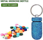 GOUWEIBA 2 Pieces Bling Pill Container Portable Pill Bottle Case Waterproof Medicine Box Crystal Diamond Mini Pill Holder Storage with Keychain for Outdoor Camping Traveling (Lake Blue, Rosy Red)