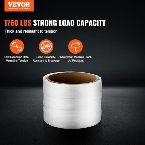 VEVOR Polyester Strapping Roll, 330' Length x 3/4" Width x 0.03" Thickness, 1763 lbs Break Strength, Heavy Duty Banding Pallet Strap Coil, Portable Strong Banding Packing Straps, White