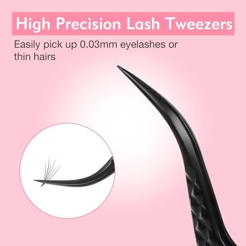 VEYES INC Lash Tweezers for Eyelash Extensions,Fiber Tip Tweezers Kit for Individual Classic and Volume Lash,3PCS Stainless Steel Lash Tweezers-Black