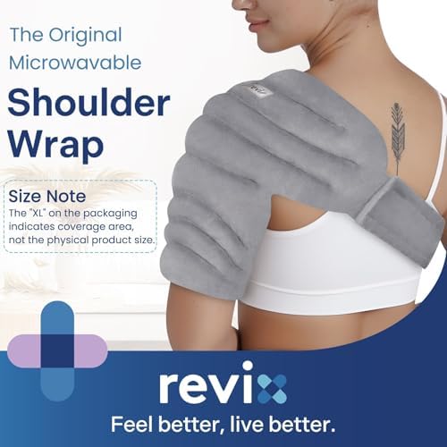 REVIX Microwavable Shoulder Heating Pad for Rotator Cuff, Moist Heating Pads Microwavable with Adjustable Strap, Shoulder Heating Pads for Upper Back Muscle Relaxation & Relief, Gray