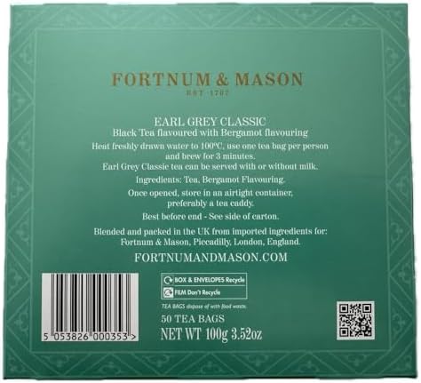 Fortnum and Mason Earl Grey Classic 50 Count Tea Bags (1 Pack)
