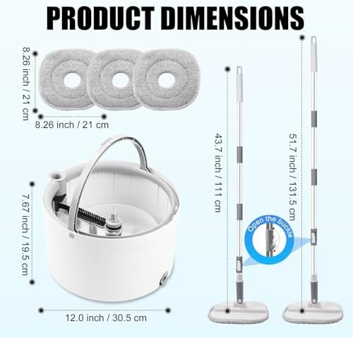 Mop and Bucket Set, Spin Mop Bucket with Separate Dirty/Clean Water System, Self-Wringing Square Mops for Floor/Wall Cleaning with 3 Microfiber Pads