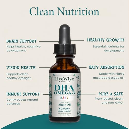 LiveWise Naturals DHA Omega 3 Drops for Kids - Vegan Liquid Omega 3 for Infants, Toddlers & Children - Essential DHA Supplement for Baby Brain, Eye & Immune Health