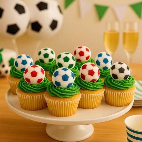 Oasis Supply Edible Soccer Ball Sugar Decorations – 12 Pack | Hand-Painted 1.25" Edible Cake & Cupcake Toppers | Fun Sports-Themed Party Decorations for Birthdays, Game Day & Team Celebrations