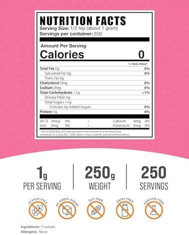 BulkSupplements.com Fructose Powder - Fructose Sugar, Zero Calorie Sweetener - Food Grade & Gluten Free, 1g per Serving, 250g (8.8 oz) (Pack of 1)