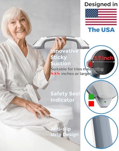 2 Pack 16.5" Suction Grab Bars for Showers with Visual Safety Indicator, No-Drill 4mm Thickened Handicap Shower Handle for Seniors, Non-Slip Bathroom Balance Rail for Smooth Tiles & Tubs