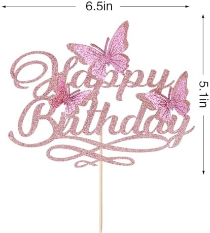3D Butterfly Happy Birthday Cake Topper，Glitter Butterfly Birthday Cake Decorations，Baby Shower/Boys Girls Women's Birthday Party Supplies(Rose Gold Pink)