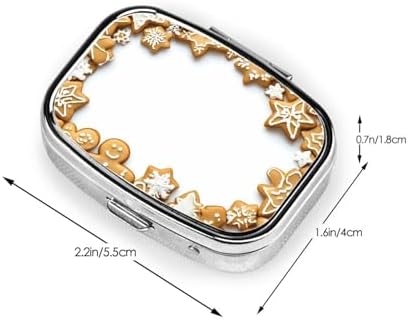 Christmas Gingerbread Cookies Snowflake Print Small Pill Case, Metal Square Travel Pill Organizer Portable Mini Pill Box 2 Compartments for Vitamin, Cod Liver Oil, Supplement