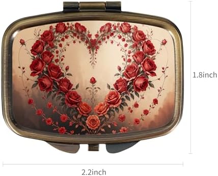 Pill Case Pill Box with Mirror Retro Pocket 2 Compartment Medicine Case Vitamin Pill Organizer for Pocket Purse and Travel (Retro-Rose Heart Wreath)