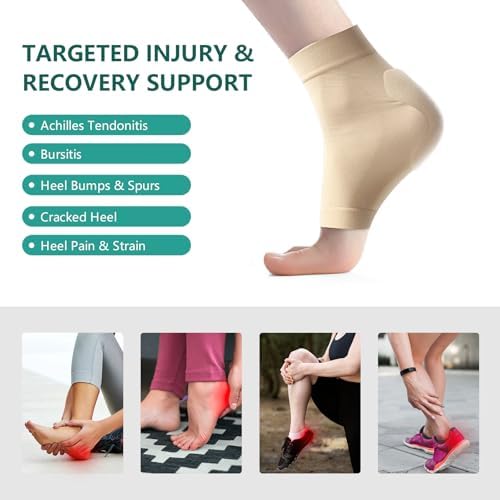Welnove Achilles Tendonitis Heel Protector Socks - 4 Pcs Achilles Tendon Support Compression Socks - Gel Padded Sleeve for Cushion & Protection of Bursitis, Tenderness, Dry Cracked (Beige,Regular)