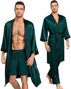 SWOMOG 3Pcs Men's Satin Robe Silk Satin Kimono Bathrobe with Shorts&Pants Set Soft Lightweight Nightwear