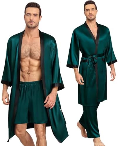 SWOMOG 3Pcs Men's Satin Robe Silk Satin Kimono Bathrobe with Shorts&Pants Set Soft Lightweight Nightwear