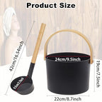 Sauna Bucket and Ladle Set, 7L Aluminum Sauna Bucket with Long Wooden Handle Spoon, Luxury Saunas Accessories Kit for Bathrooms, Saunas & Steam Baths(Black)