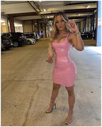 sedmoda Women Sexy Faux Leather Mini Dress Spaghetti Strap Bodycon PU Short Dresses Party Club Outfits