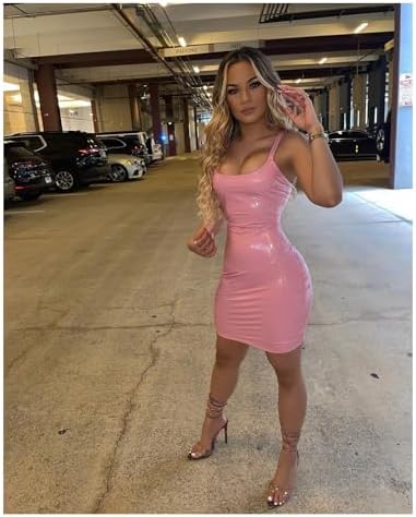 sedmoda Women Sexy Faux Leather Mini Dress Spaghetti Strap Bodycon PU Short Dresses Party Club Outfits