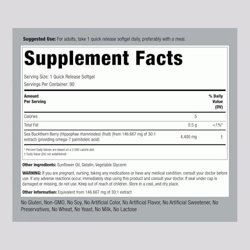Piping Rock Sea Buckthorn Oil Capsules | 90 Softgels | Sea Buckthorn Berry Extract | with Omega-7 | Gluten Free, Non-GMO