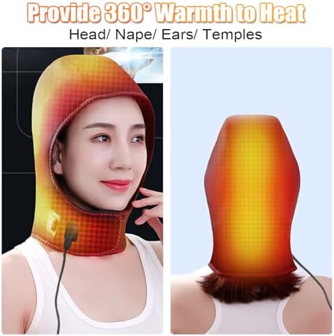 Heated Head Wrap for Headache and Neck Pain, Eletric Heated Hood Hat Migraine Relief Heating Pad for Head, Relieve Tension, 3 Temperature Settings/Adjustable Size