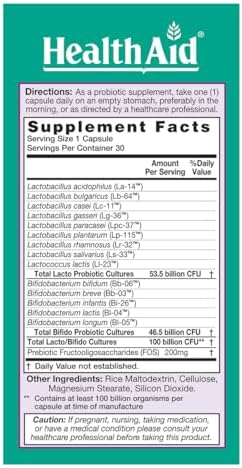 HealthAid UltraProbio, 100 Billion 30ct Once Daily Capsules, Optimum Support, 100 Billion with Prebiotic, Acid & Bile Resistant, Non-GMO