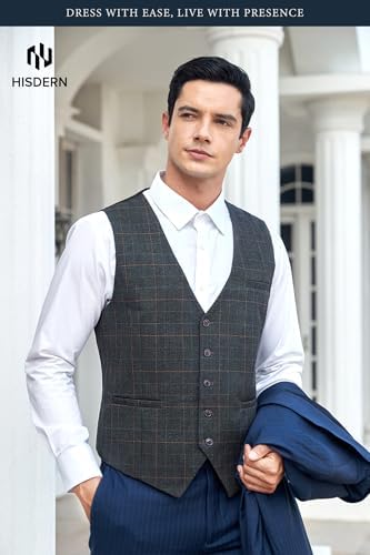 HISDERN Men's Suit Vest Plaid Dress Vest for Men Slim Fit Formal Business Waistcoat Tuxedo V-Neck Solid Vest for Wedding