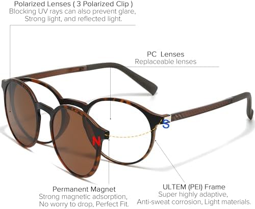 Retro Round Glasses Frame for Men Women With 3 in 1 Polarized Magnetic clip on Sunglasses Eyeglasses Optical Eyewear
