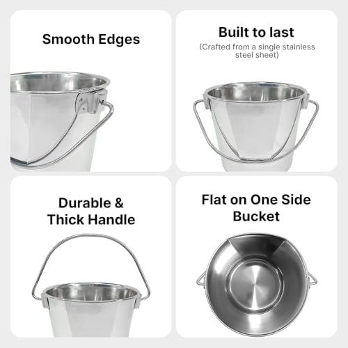 Heavy Duty Stainless Steel Bucket 1 Quart - Flat Side Small Metal Bucket for Feeding & Watering Pets, Livestock & Cleaning - Perfect for Crates, Kennels, Cages & Hang on Fences
