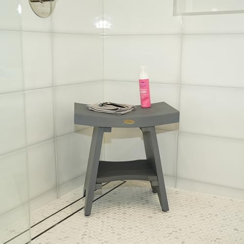 CoastalVogue 18 Inch Lunar Gray Serenityy Waterproof Teak Wood Shower Bench Stool Seat Chair for Inside Shower Provides Safety, Storage, and Organization for Bathroom Accessories