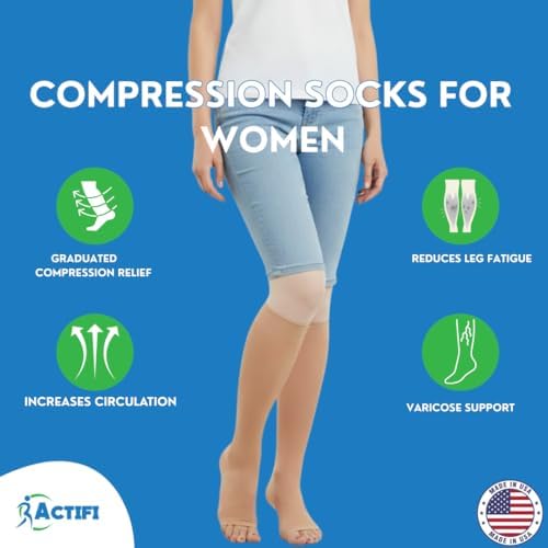 Actifi 8-15 mmHg Knee High Sheer Compression Socks for Women, Open Toe, Breathable Fabric - Best for Athletic Running, Cycling and Fatigue Relief