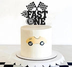 Fast One Cake Topper - Black Glitter Race Car Theme 1st Birthday Party Cake Decoration, Racing Car Checkered Flag First Birthday Party Supplies Photo Booth Props