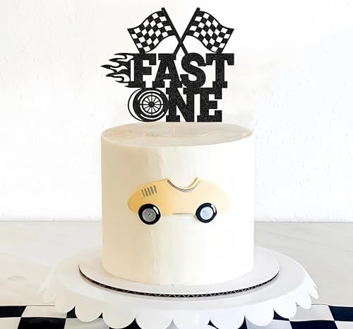 Fast One Cake Topper - Black Glitter Race Car Theme 1st Birthday Party Cake Decoration, Racing Car Checkered Flag First Birthday Party Supplies Photo Booth Props