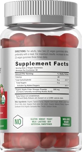 Horbäach Organic Apple Cider Vinegar Gummies | 60 Gummies | Vegan, Non-GMO & Gluten-Free Supplement | USDA Organic ACV | Apple Flavor