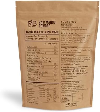 Pure Amchur Powder | MB Herbals Raw Mango Powder 8 oz (1/2 lb) | Traditional Indian Spice for Curries, Chutneys & Marinades | No Additives, Non-GMO