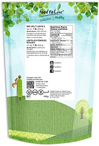 Food to Live Red Split Lentils, 1 Pound – Masoor Dal, Dried, Vegan, Kosher, Bulk. Easy to Cook. No Soaking Required. Good Source of Dietary Fiber, Vitamin B, Protein.
