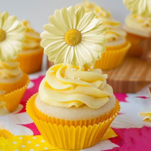 60Pcs Edible Daisy Cupcake Toppers Wafer Paper Flower Cake Topper Decorations Flower Chrysanthemum Party Decorations for Birthday Wedding Kids Birthday Party Supplies Yellow