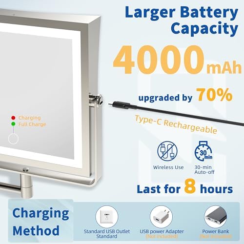 Ruacq Rechargeable Wall Mounted Makeup Mirror with Lights, Double Sided 1X/10X Magnifying Vanity Mirror with 3 Color Light, Touch Screen Dimmable, 360° Rotation Extension Foldable Arm(Brushed Nickel)