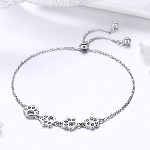 BISAER 925 Sterling Silver Paw Print Charm Bracelet for Women Cute Cat Dog Paw Bracelet Adjustable Slider Bracelet for Dog Pet Lover Jewelry Gifts