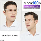 MARE AZZURO Blue Light Blocking Reading Glasses Men Large Square Computer Readers 100 125 150 175 200 225 250 275 300 350 (Transparent 2.0)