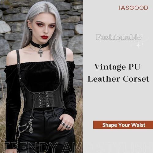 JASGOOD Women Faux Leather Corset Waist Belt Elastic Wide Underbust Corset Lace-up Steampunk Waspie Belt For Halloween