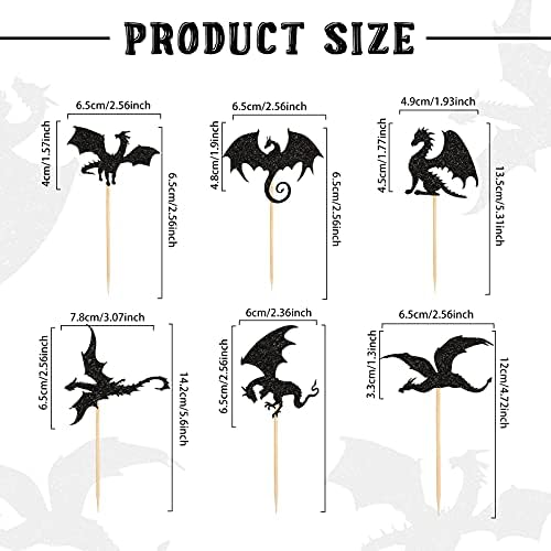 Gersoniel 36 Pieces Dragon Cupcake Toppers Black Glitter Cake Picks Cool Dinosaur Cupcake Topper for Dragon Themed Party Birthday Christmas Fantasy Themed Party Decoration, 6 Styles