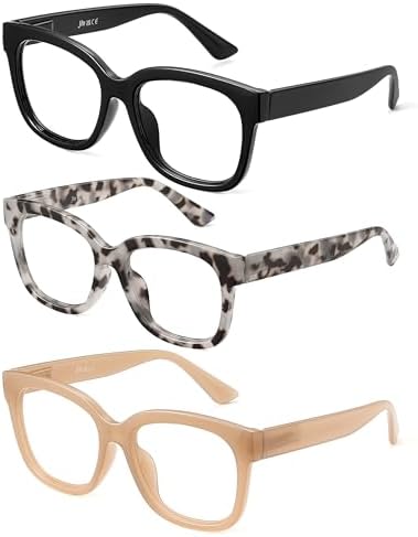 JM Reading Glasses for Women Oprah Style 3 Pack Square Oversized Readers with Spring Hinge Blue Light Blocking Ladies