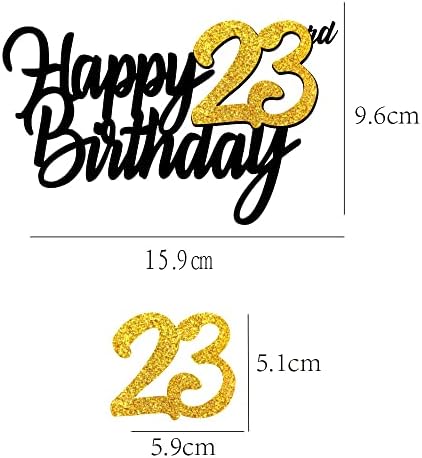 Happy 23rd Birthday Cake Toppers Glitter 23rd Anniversary Cake Topper 23 Years Loved Bday Decorations 23 Gold Birthday Cake Decorations Twenty-three Party Supplies for Women Men(Black Gold)