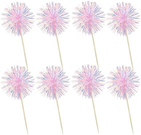 Ephlyn 30Pcs Foil Firework Cupcake Toppers Happy Birthday Cake Toppers Tinsel Flower Drink Stirrers Cocktail Food Fruit Toothpicks for Valentine's Day Party Decorations Pink