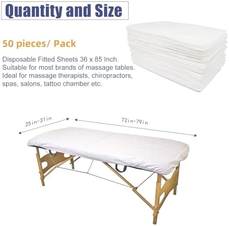 50PCS Disposable Fitted Massage Table Sheets, Heavy Duty Elastic Disposable Bed Cover, Breathable Disposable Fitted Sheets for Spa White Non Woven Fabric 36 x 85 Inch