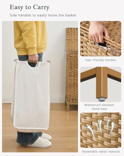 Laundry Hamper with Lid, 112 L Handwoven Rattan Wicker Laundry Basket, 2 Removable Liner Bags Metal Heightened Feet, 6 Mesh Bags, 2 Section Large Clothes Hamper for Bathroom Bedroom, Natural