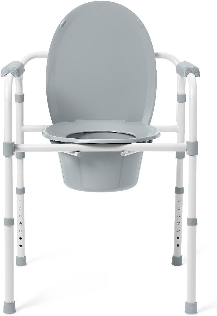 Dr. Dunley 3-in-1 Bedside Commode Chair with Elongated Seat – Steel Folding Frame, 7.5 QT Bucket, 350 lb Weight Capacity, Clip-On Toilet Seat, Bathroom Safety Aid for Seniors, Tool-Free Assembly
