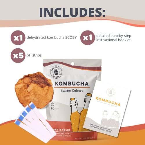 Cultures for Health Certified Organic Kombucha Starter SCOBY | Heirloom Culture for Unlimited Batches | Shelf-Stable Dehydrated Scoby for Fresh Activation | Brew Your Own Probiotic Tea | pH Test Strips Included