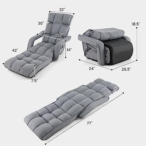 KOMFOTT Foldable Floor Lazy Sofa, Indoor Chaise Lounge Sofa with 6 Adjustable Positions, Folding Chair Bed with Adjustable Armrests, Backrest & Footrest, Ideal for Living Room, Bedroom (Grey)