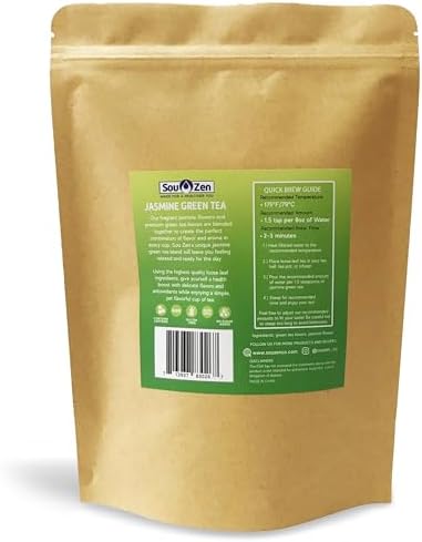Sou Zen Jasmine Green Tea Loose Leaf Blend 4oz (113g) | Premium Quality Tea Leaves and Flowers | Raw with Naturally Organic Antioxidants | Relaxing and Revitalizing Tea with No Additives