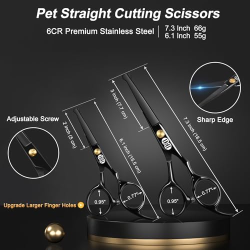 CIICII Dog Grooming Scissors Kit, 7 Inch Professional Pet Grooming Scissors Set with Safety Round Tip (Dogs/Cat Hair Cutting Trimming Thinning Shears with Curved Scissors) for DIY Home Salon (Black)
