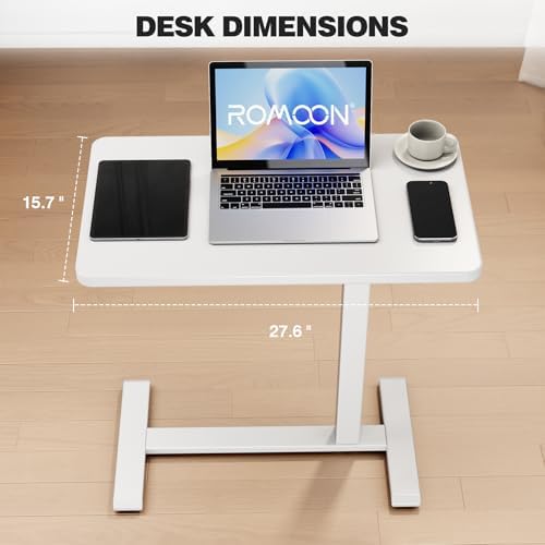 ROMOON Over Bed Table with Wheels, Rolling Adjustable Overbed Bedside Table, Mobile Standing Desk & Laptop Cart with Sturdy Frame for Hospital, Home and Small Spaces (27.6" W x 15.7" D, White)
