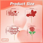 24pcs Happy Valentines Day Cake Toppers,Heart Glitter Sweet Love Theme Valentine'S Day Cupcake Toppers for Happy Birthday Wedding Party Supplies Cake Decorations(Red)